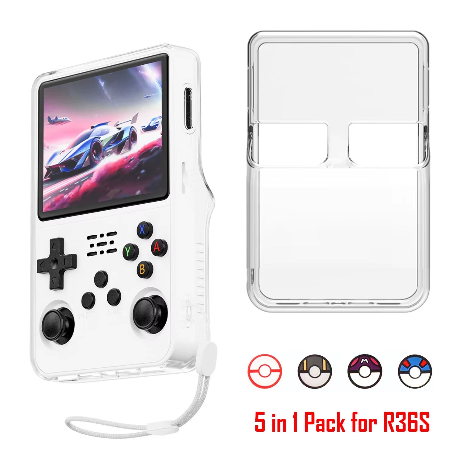 Soft Clear TPU Skin Cover for R36S Retro Handheld Game Console, Portable Back Protective Case for R36S W/ Free Thumb Stick Caps